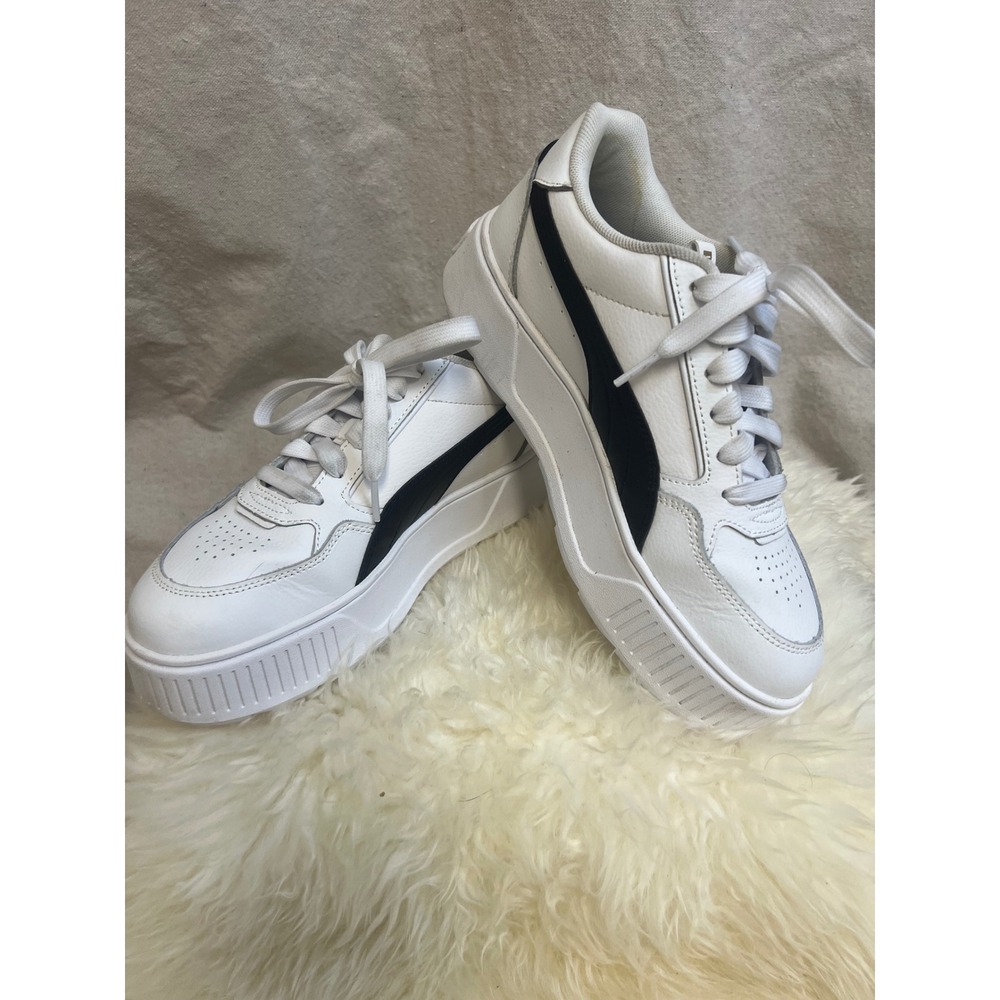 Puma Mayze Platform Sneakers White Black Leather Sz 8.5 Low Top Chunky Platform